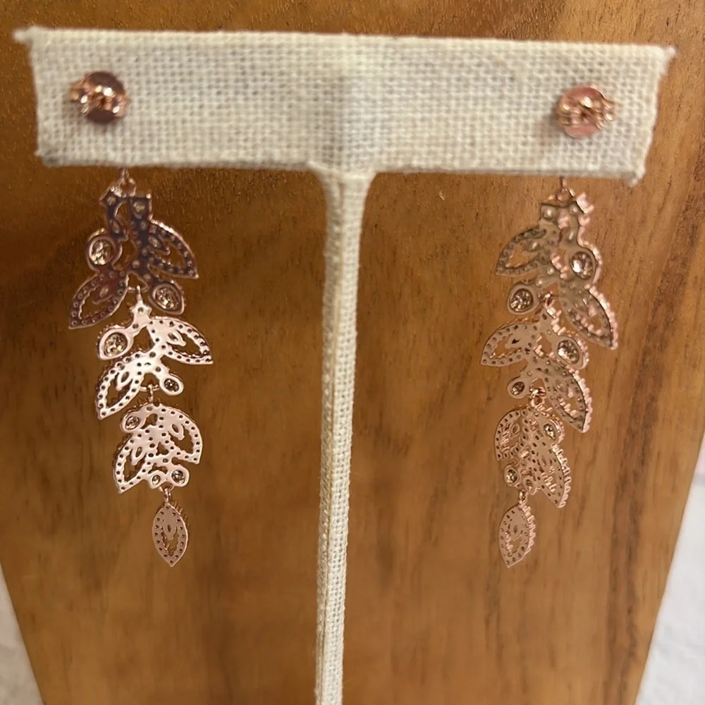 Rose Gold Vermeil Leaf Crystal Drop Earrings